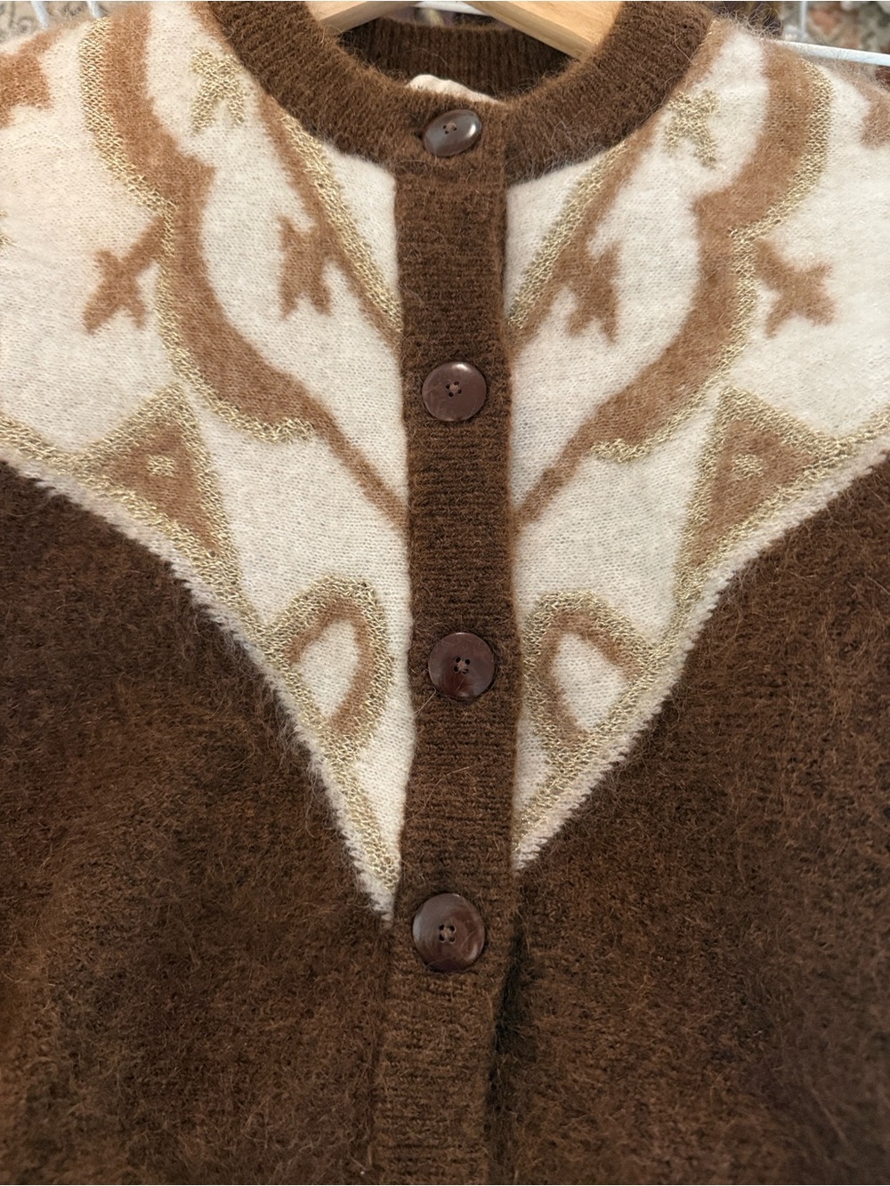 Sezane Brown and Cream Patterned Mohair Wool Blend Cardigan with Gold Metallic S - Picture 15 of 15
